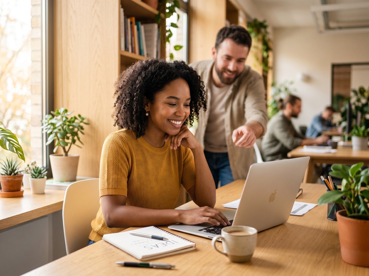 A learner exploring a personalized, interactive AI lesson on a laptop while a colleague points at the screen
